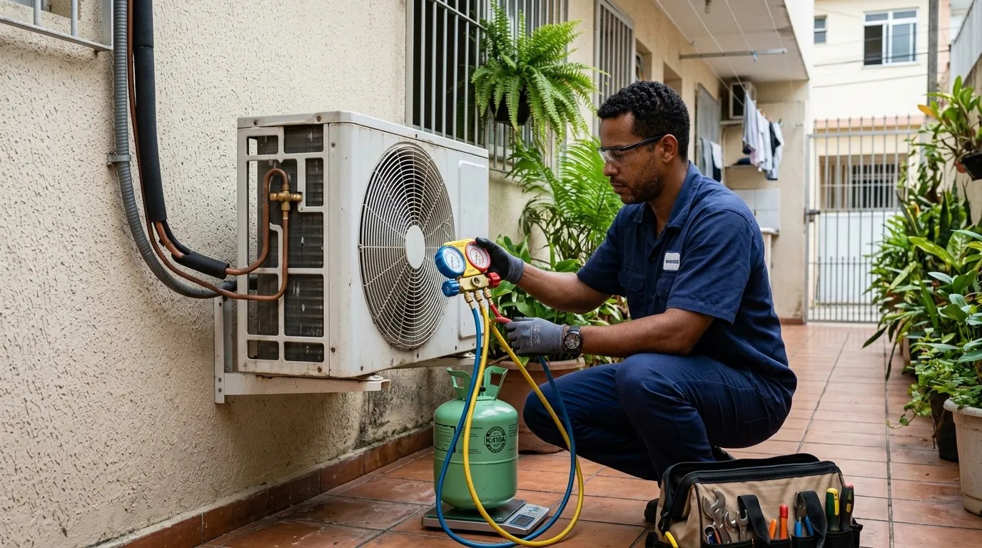 Técnico fazendo carga de gás na condensadora do ar-condicionado em Governador Valadares‑MG
