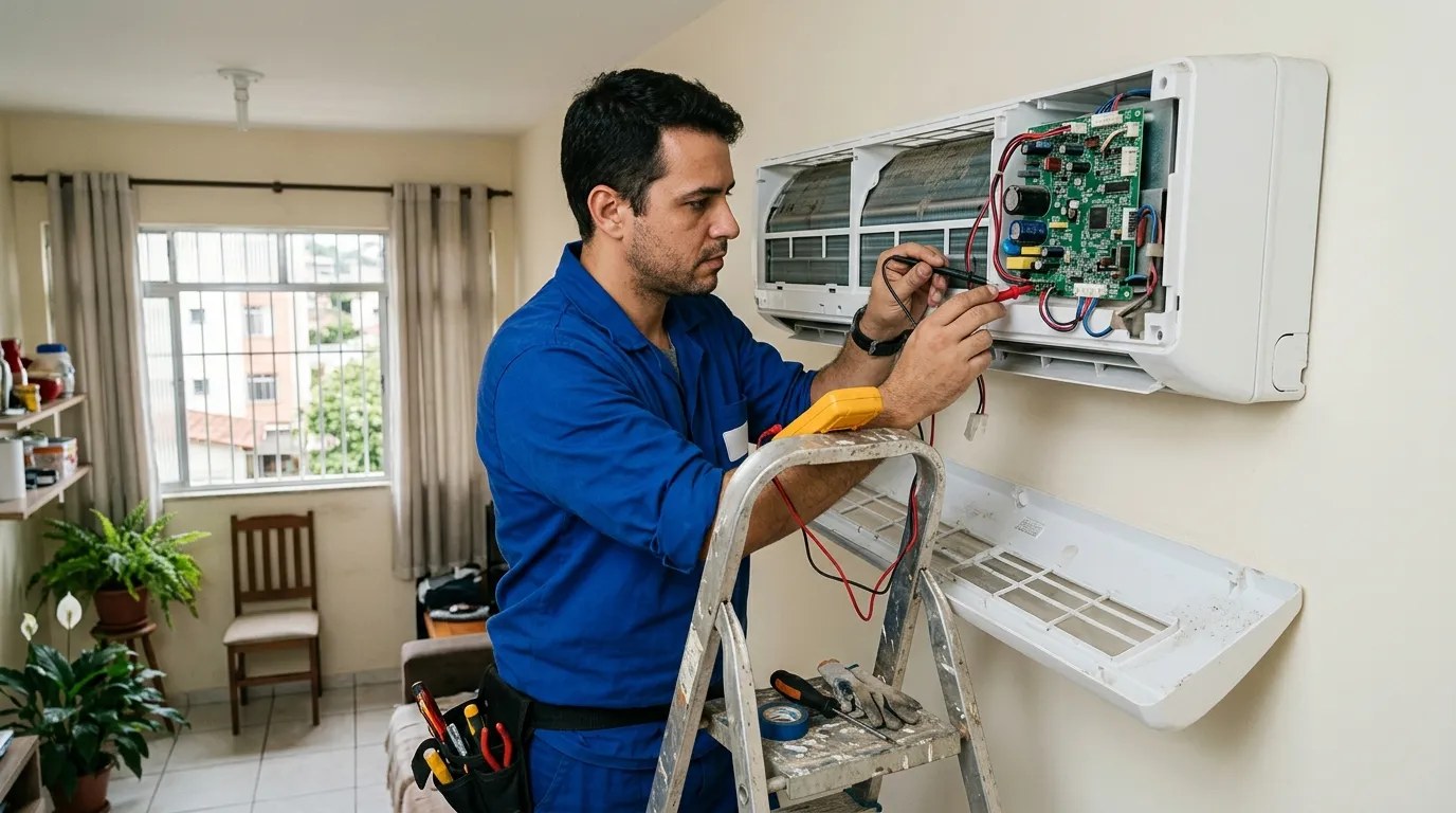 Técnico trocando a placa eletrônica de ar-condicionado split em Governador Valadares‑MG