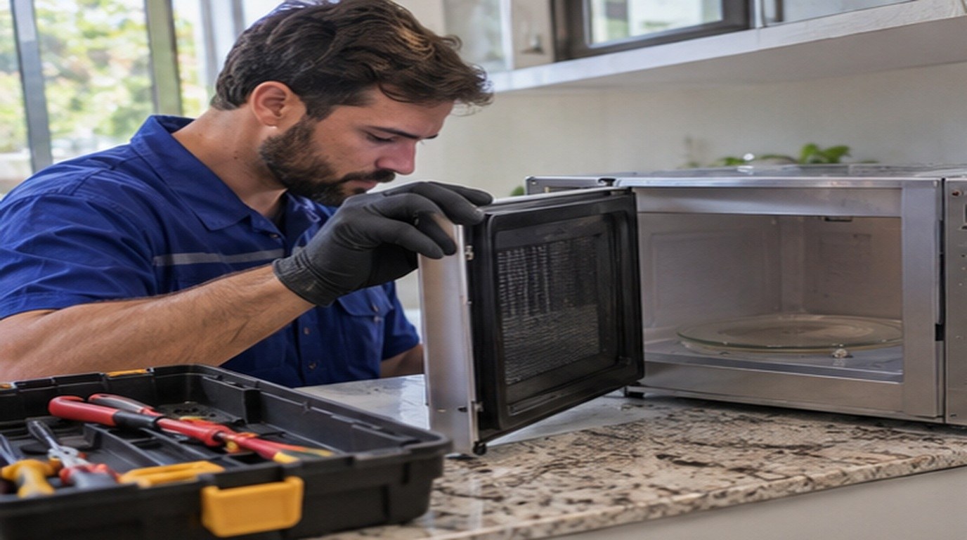 Conserto de micro-ondas em Governador Valadares‑MG: técnico abrindo um micro-ondas de bancada