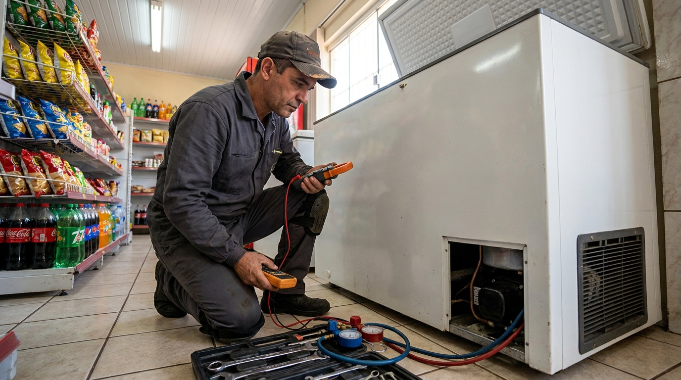 Reparo da placa eletrônica de um freezer em atendimento em Altinópolis, Governador Valadares‑MG