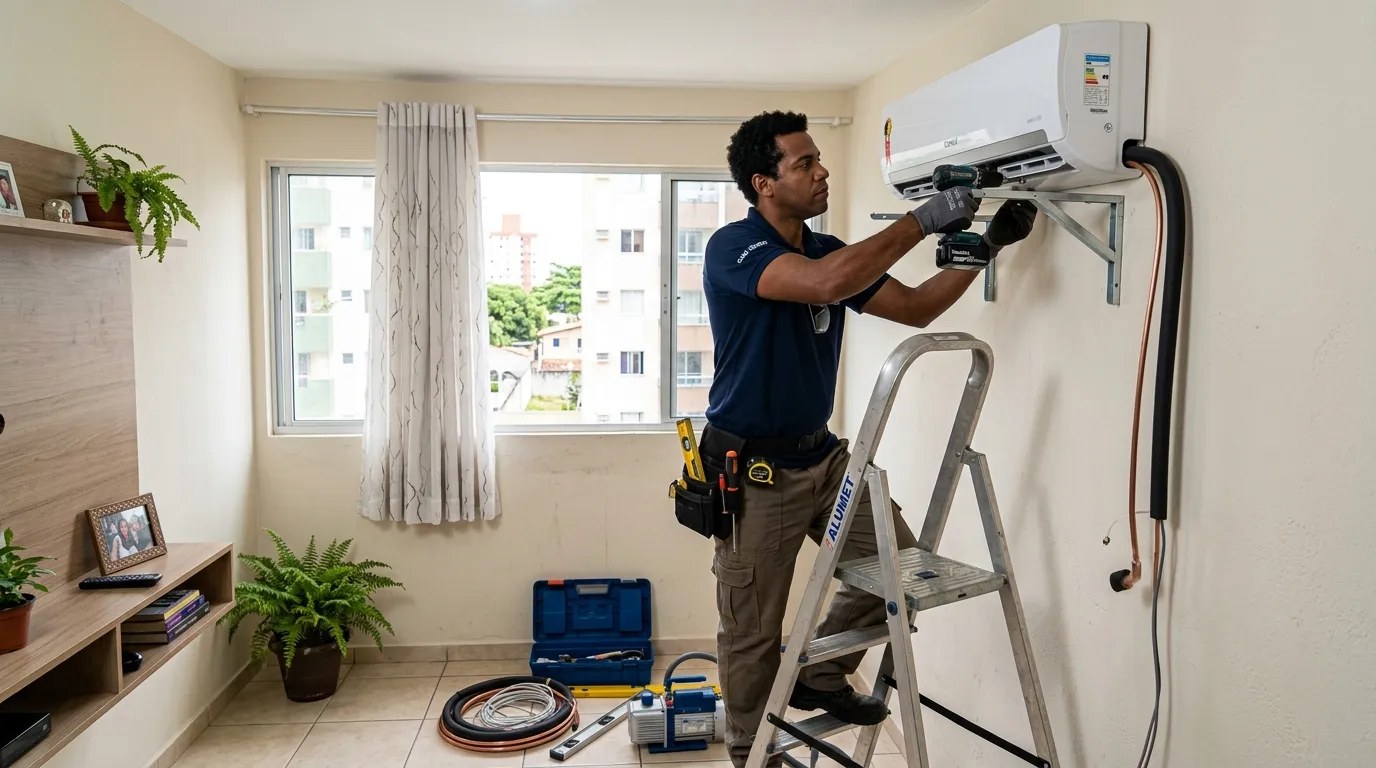 Técnico instalando ar-condicionado split em residência em Governador Valadares‑MG