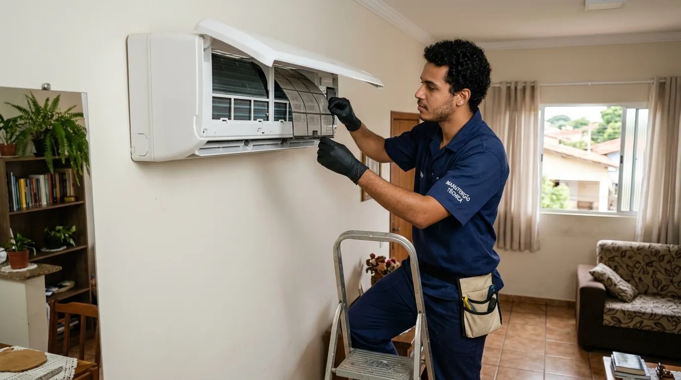 Técnico fazendo limpeza e higienização de ar-condicionado split em Governador Valadares‑MG