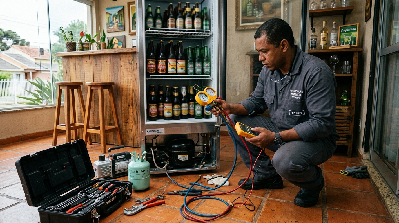 Técnico revisando o motor de uma cervejeira durante chamado em Governador Valadares‑MG