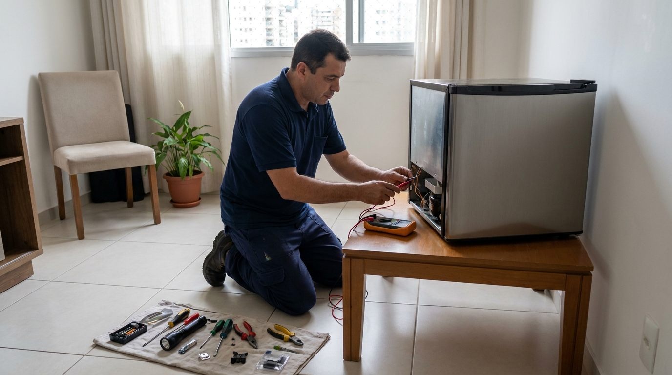 Técnico revisando o motor de um frigobar em Esplanada, Governador Valadares‑MG