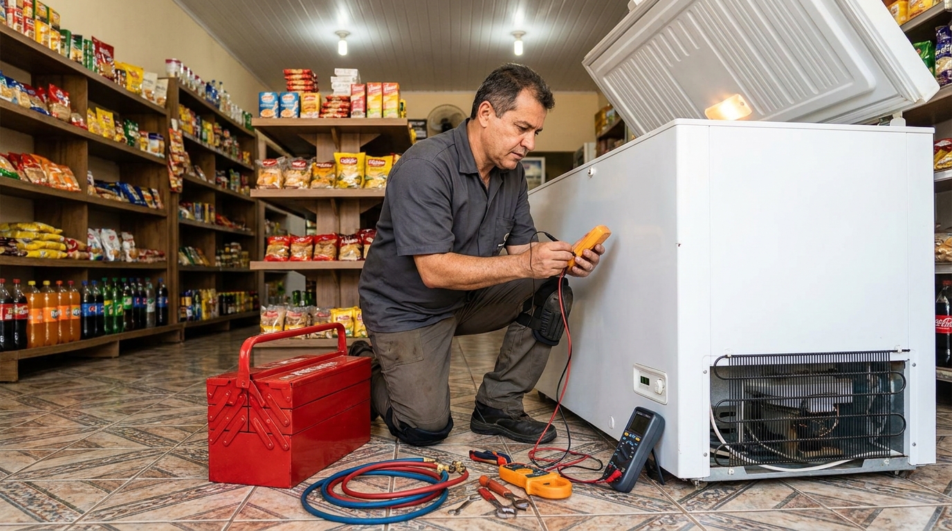 Manômetro conectado ao circuito durante recarga de gás de freezer em Altinópolis, Governador Valadares‑MG