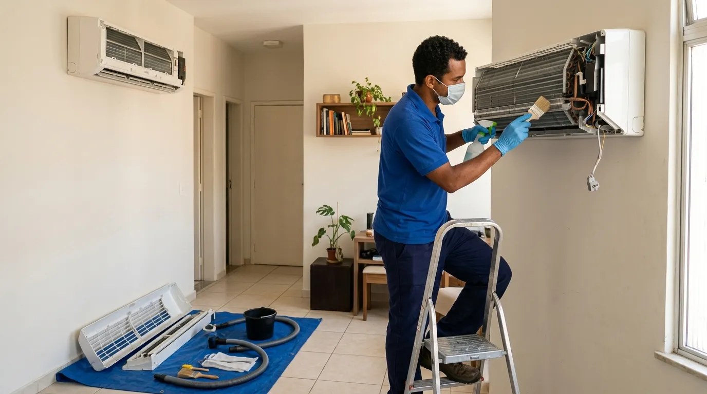 Técnico fazendo manutenção de ar-condicionado split em Governador Valadares‑MG