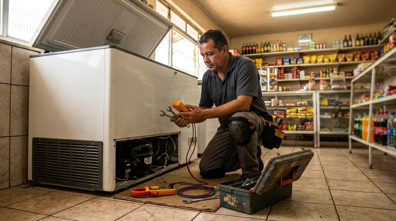 Técnico avaliando um freezer vertical durante atendimento em Altinópolis, Governador Valadares‑MG